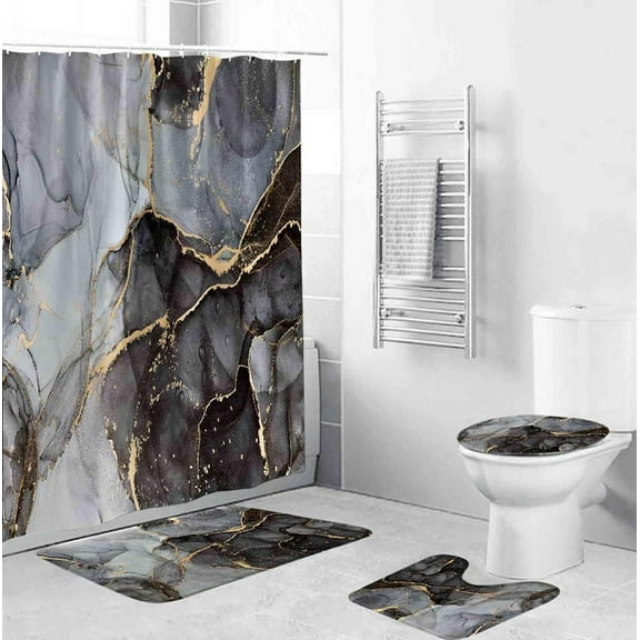 4Pcs Bathroom Shower Curtain Sets with Rugs,Grey Blue Marble Bathroom Sets with Shower Curtain and Rugs and Accessories