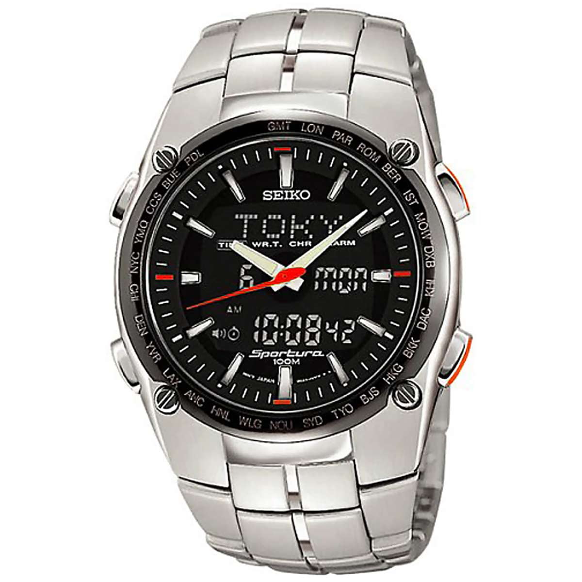 Seiko Men's SNJ005 Sportura GMT Ana-Digi Black Dial Steel Bracelet  Chronograph Alarm Watch 