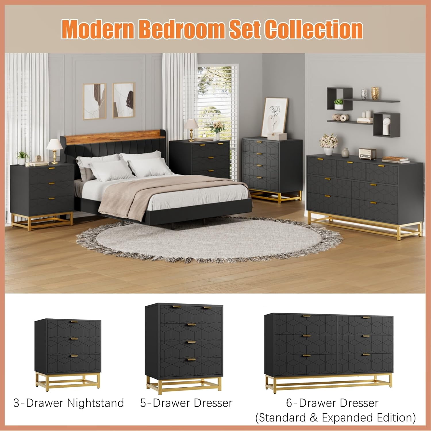 Modern 6-Drawer Dresser with Gold Metal Legs, Black Stylish Storage Chest for Bedroom, Closet or Living Room