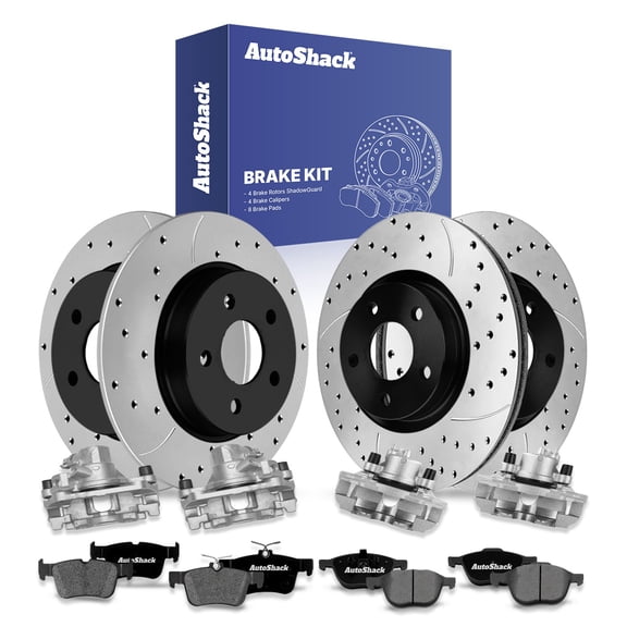 AutoShack Front Vented & Rear Solid Drilled & Slotted E-Coated Brake Rotors   Premium Ceramic Pads   Calipers 16-PC Brake Kit Replacement for 2012-2018 Ford Focus ShadowGuard