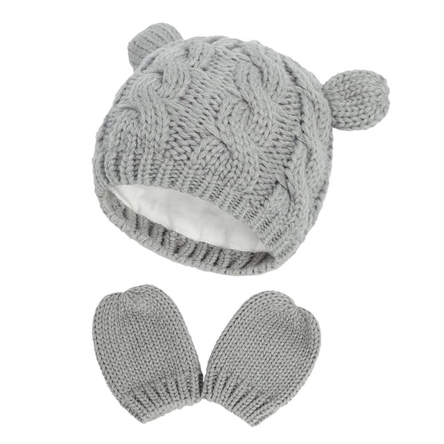 Gorro de invierno para bebé, gorro de lana con orejas pequeñas, guantes, conjunto de dos piezas con protección para las orejas y forro cálido