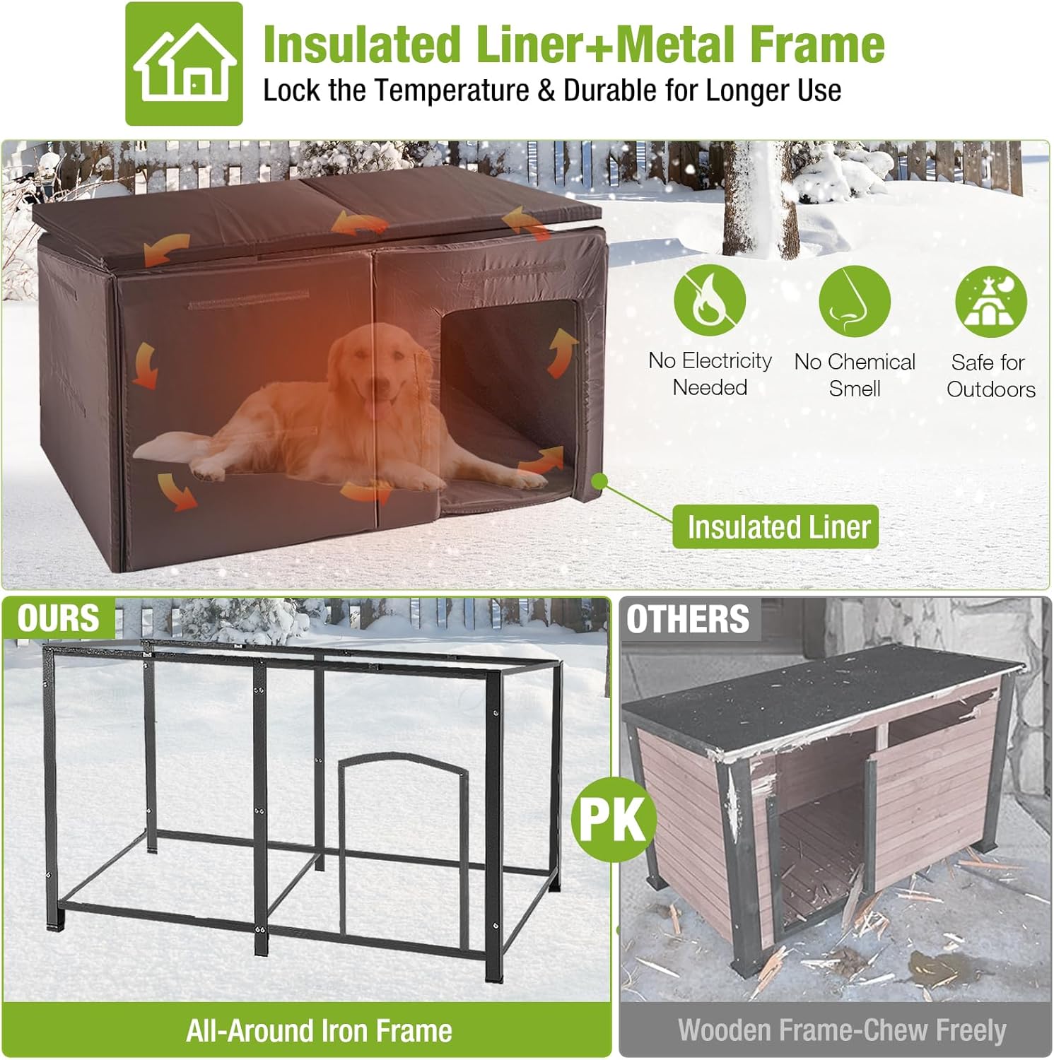 Aivituvin Extra Large Insulated Outdoor Dog House with Insulated Liner for Winter, Weatherproof Dog Kennel with All-Around Iron Frame for Small, Medium, and Large Dog (Brown)