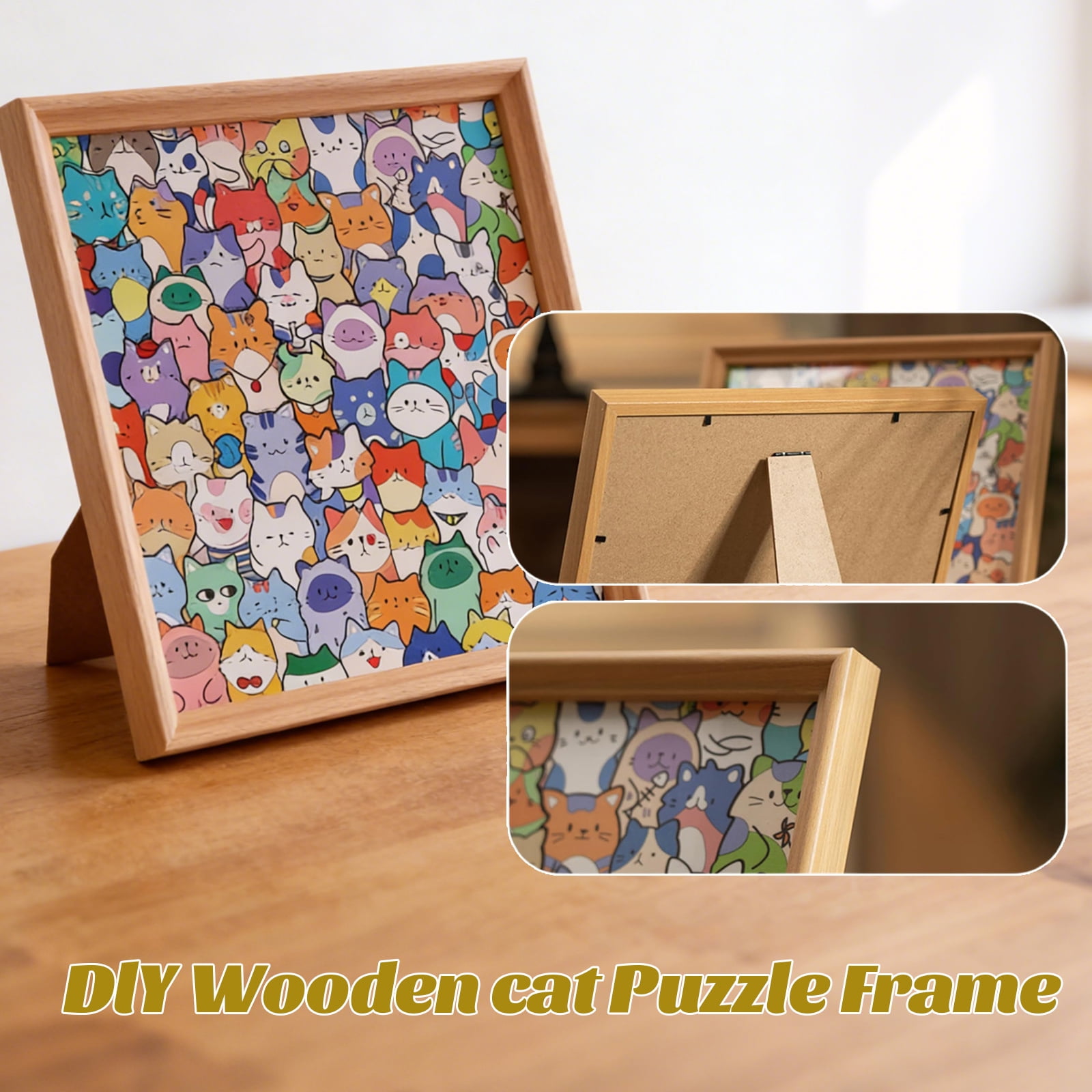 DIY Wooden Cat Puzzle Frame, Wooden Coloring Puzzle, Paintable Creative Handmade Photo Frame, Cat Puzzles Decor for Home Decoration Craft Lover (with Multi-Color Pens)