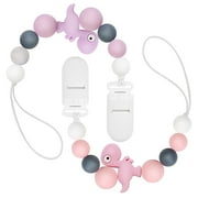 Pacifiers Clips Holder, 2 Pack Pacifier Case Silicone Beaded Lanyard Teething Relief Teether Toys for Baby Boys Girls Newborn (Pink Dinosaur)