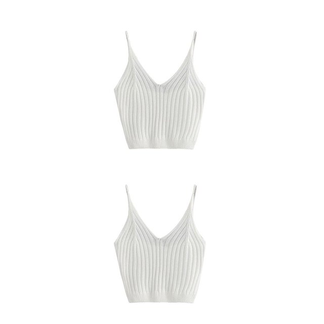 Jumpingount Mujeres Sexy Crop Top de punto Chaleco sin mangas Slim Sling Tank con cuello en V liso blanco 2piezas