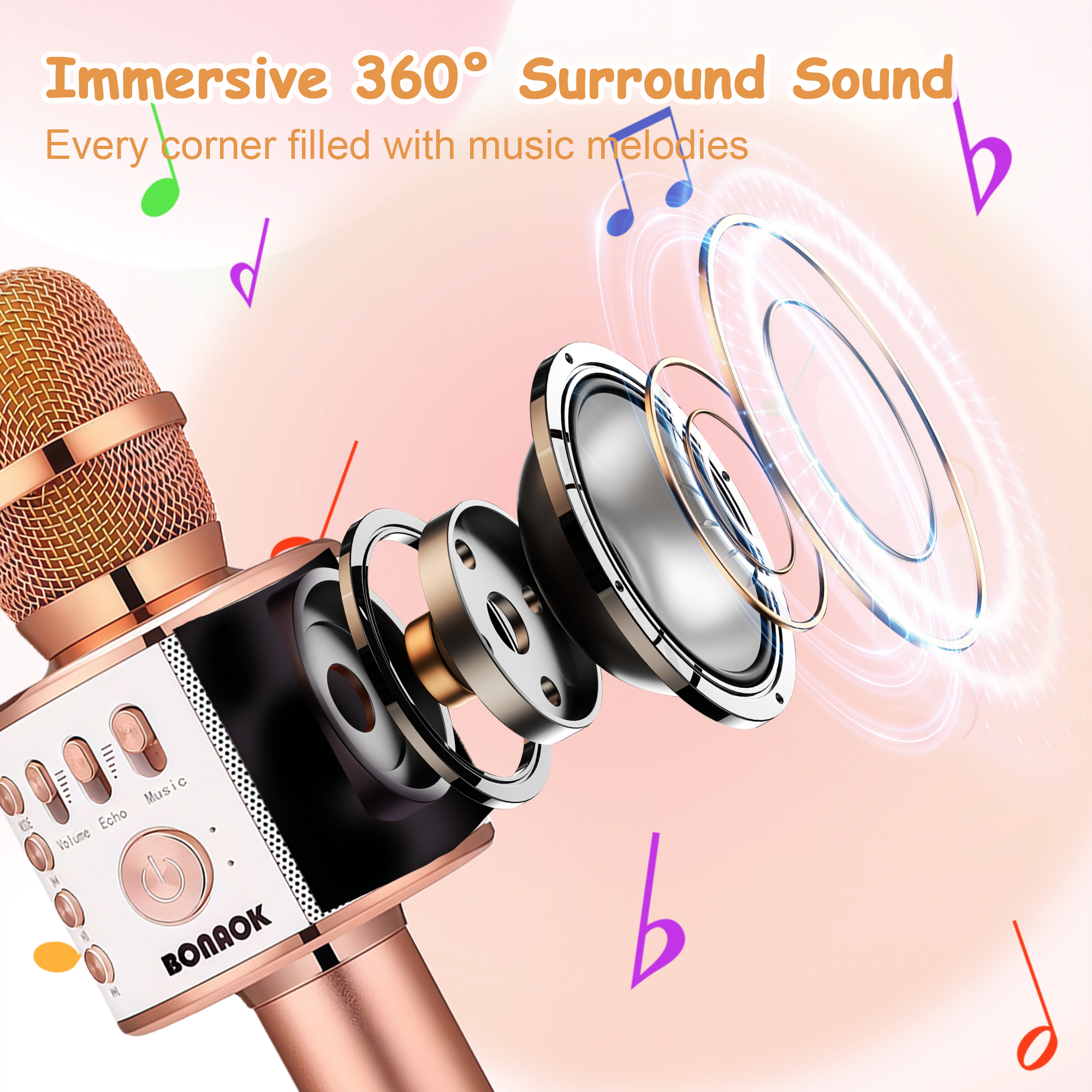 Bonaok Wireless Karaoke Microphone with LED Lights, Rose Gold photo 2