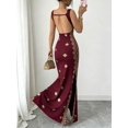 thumbnail image 2 of Red Womens Elegant Square Neck Spaghetti Strap Backless Slit Hem Fitted Maxi Dress With Gold Embroidery, 2 of 7