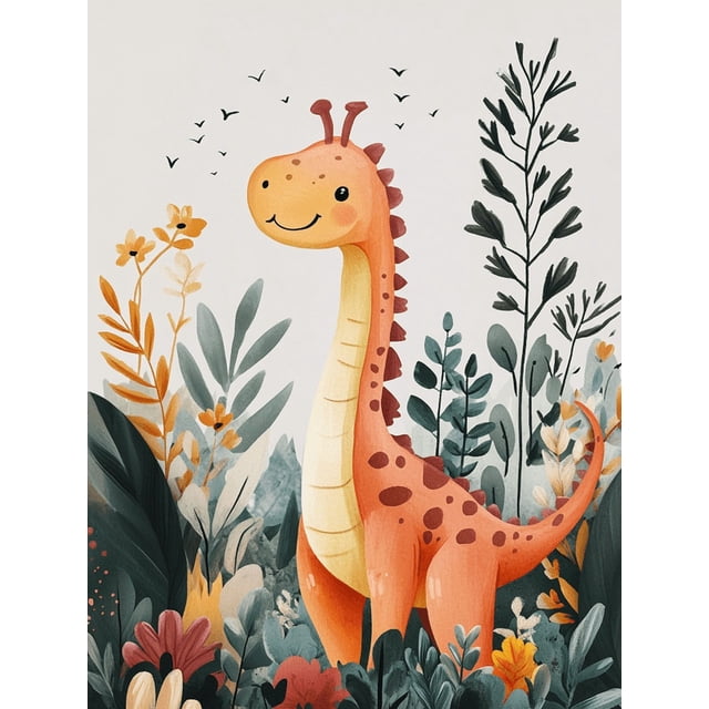 Qisvanset Framed Canvas Wall Art, 12x16 Inch Pink Dinosaur Girl Kids Nursery Wall Art