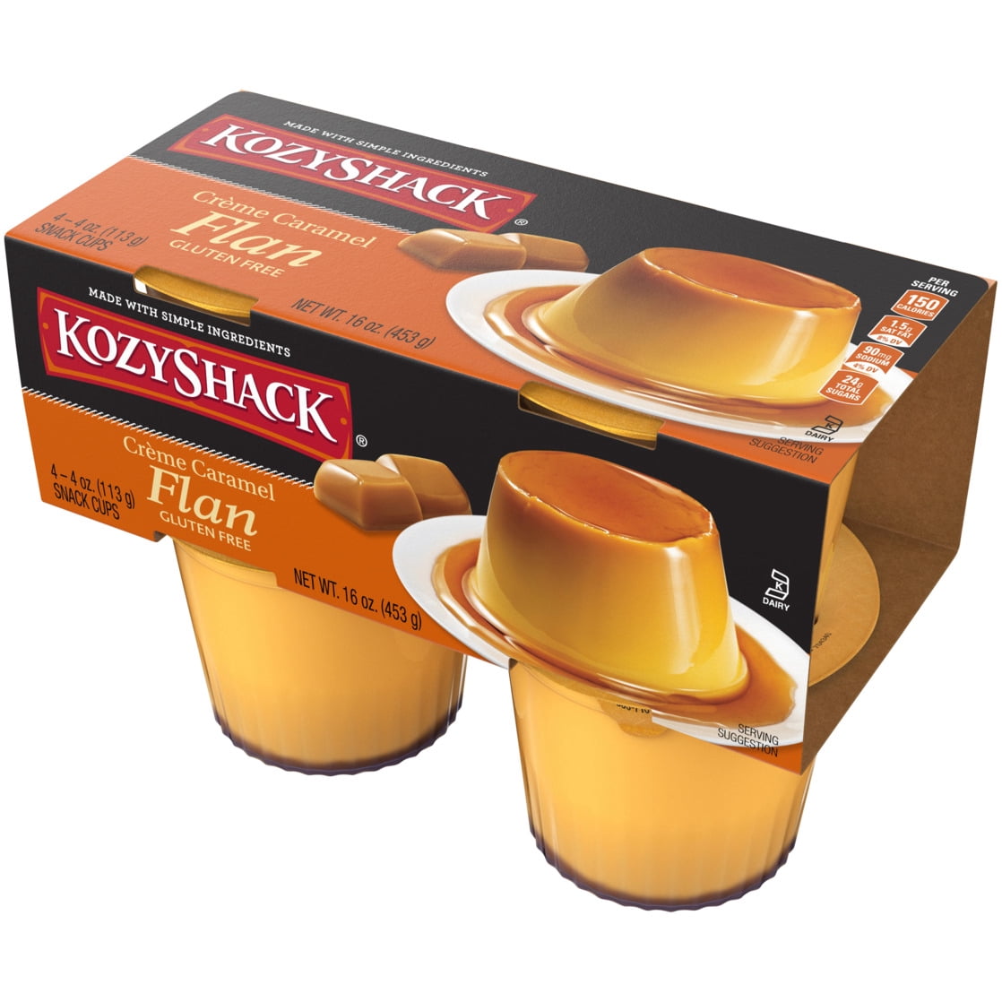 Kozy Shack Creme Caramel Flan Snack Cups, Gluten Free Dessert, 4 oz, 4 Count