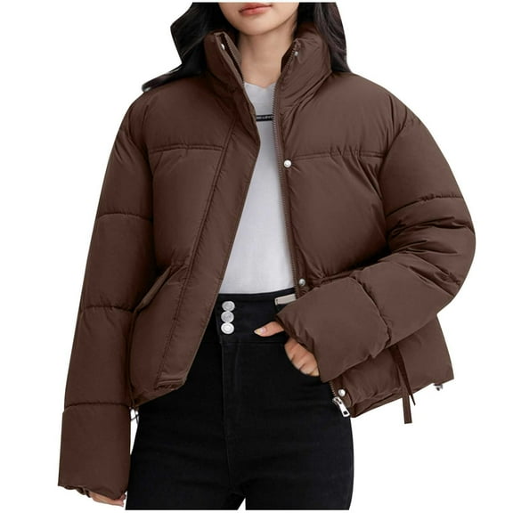 Olyvenn Women's Winter Jacket Zippers Solid Color Thicken Warm Short Cotton Jacket Hooded Parkas Padded Coats Coffee XXL