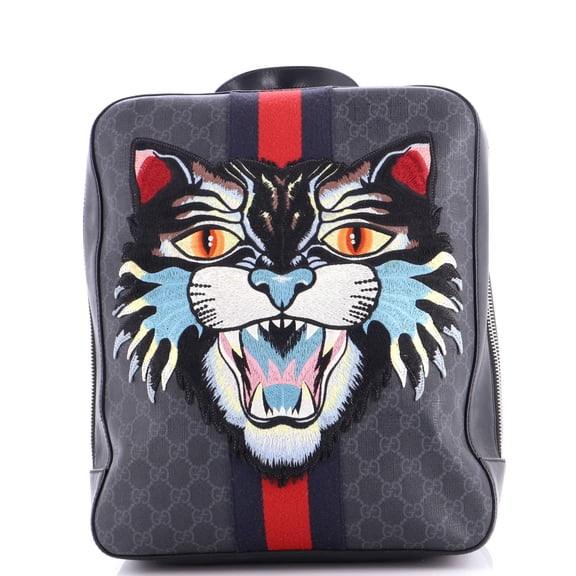 Pre-Owned Angry Cat Web Backpack GG Coated Canvas with Applique Medium By Rebag