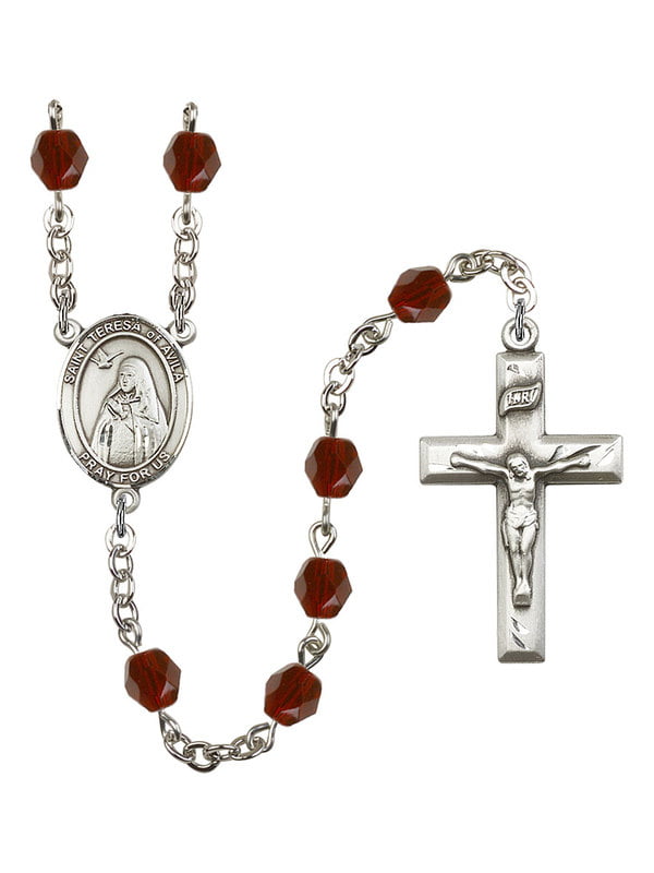 Teresa of Avila Rosary with 6mm Saphire Color Fire Polished Beads Teresa of Avila Center and 1 3/8 x 3/4 inch Crucifix Gift Boxed Silver Finish St St
