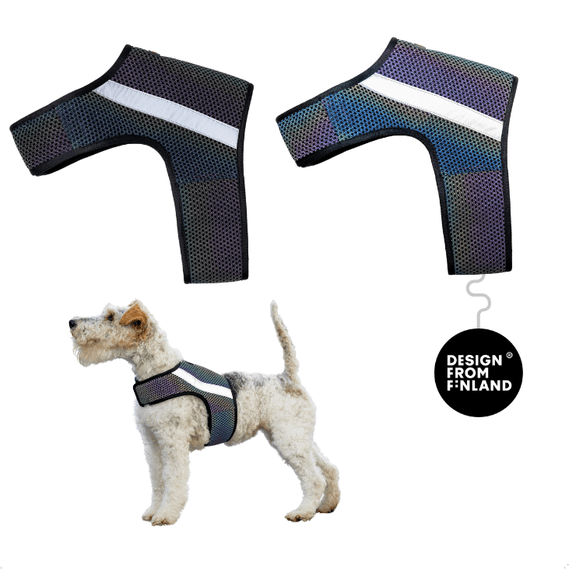 FINNERO GLOW Full-Reflective Dog Vest (size XS) – Black Safety Vest with Rainbow Shine, 360° High-Visibility Lightweight & Adjustable Design