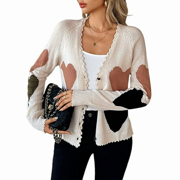 Women'S Cute Heart Pattern Cardigan Scalloped Edge Button Front Sweater V Neck Long Sleeve Knit Cardigan Apricot Color M