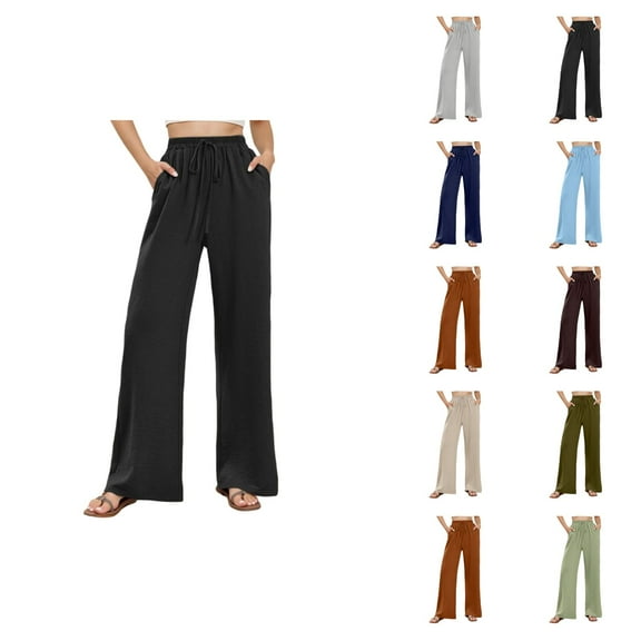 Casual Pants for Women 2025 Elastic High Waist Drawstring Wide Leg Floor Length Palazzo Pants with Pockets Trousers