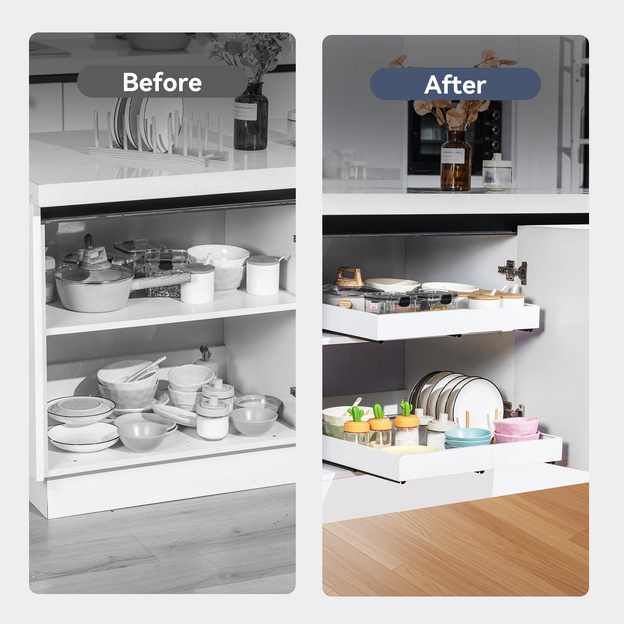 Pull out Cabinet Organizer, Adjustable Width 12.2"-20.1" Expandable Slide out Drawers Storage Rack, Pull-out Shelf Storage for Kitchen Pantry Bathroom Organization (White)