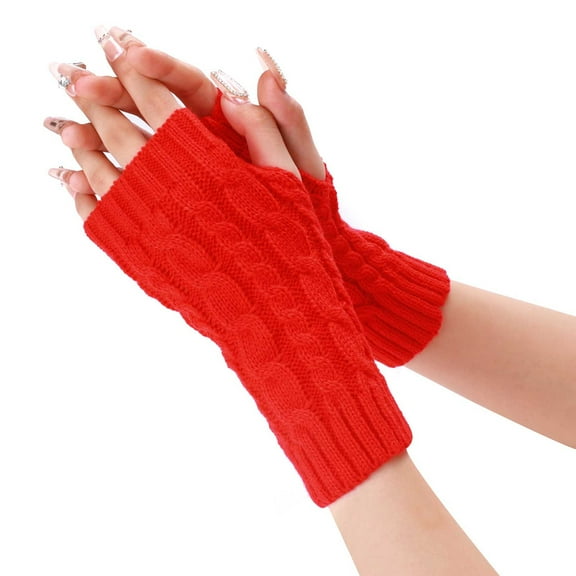 Xfvqtps Fingerless Gloves for Womens Mid-Length Thumb Hole Ribbed Arm Warmer Knitting Crochet Solid Color Fashion Thermal Warm Winter Mittens Red