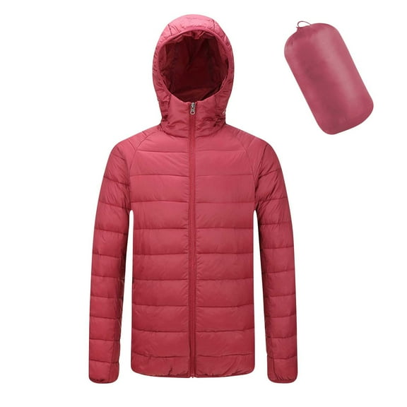 LpwkSSA Men's Short Padded Coats Solid Color Zipper Lightweight Hooded Winter Warm Cotton Jacket Long Sleeve Windproof Thermal Parkas Red XL