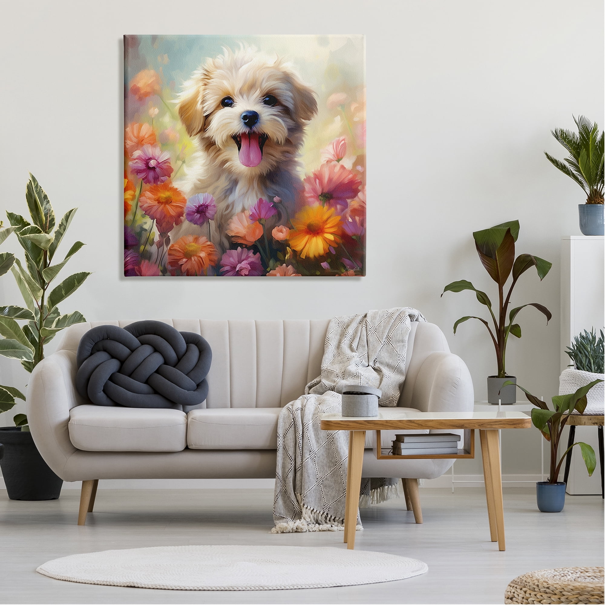Stupell Industries Dog in Daisy Meadow Animals & Insects Painting Gallery Wrapped Canvas Art Print Wall Art, 36 x 36