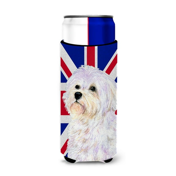 Maltese with English Union Jack British Flag Ultra Hugger for slim cans