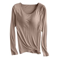 HXWCHs Women's Thermal Underwear top Thin Velvet Long Sleeve Shirt with Built-in Bra for Winter Comfort and Shape S Khaki