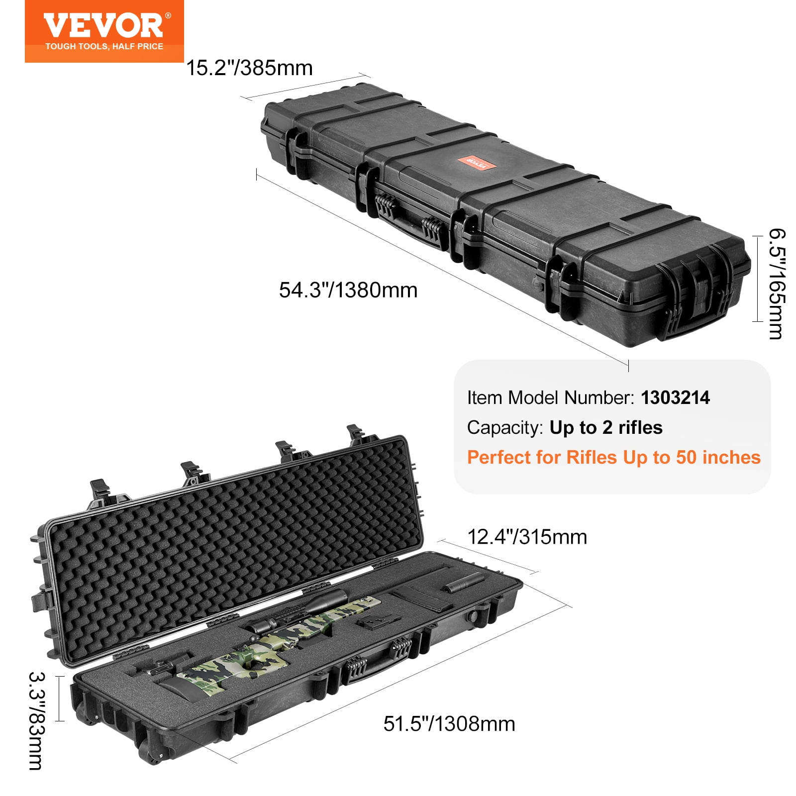 VEVOR Rifle Case, Rifle Hard Case with 3 Layers Fully-protective Foams, 50 inch lockable Hard Gun Case with Wheels, IP67 Waterproof & Crushproof, for Two Rifles or Shotguns, Airsoft Gun