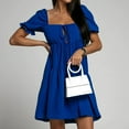 thumbnail image 2 of Robe pour Femmes Col Carré Manches Courtes Volant Doux Robe Solide Réglable Laçage Été une Ligne Swing Mini Robe, 2 of 7