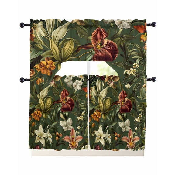 Tropical Botanical Swag Kitchen Curtains Sets for Windows 24 Inch Length, Summer Vintage Flowers Blooms Short Window Curtain Panels Swags Valances and Tiers 3 Piece Set for Cafe/Dining Room