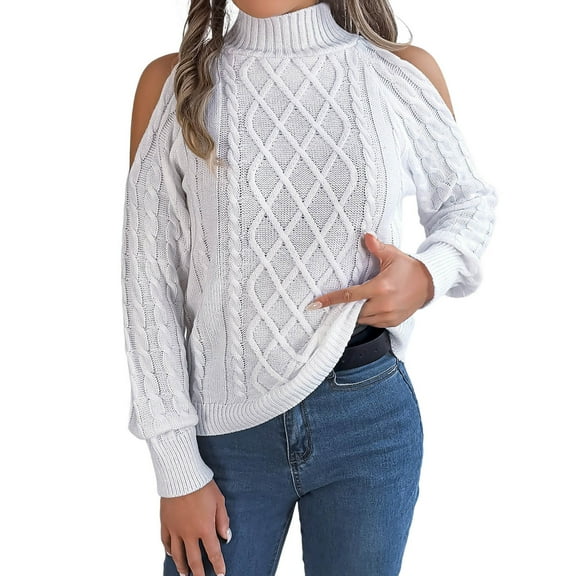 Arlun Womens Cold Shoulder Turtleneck Sweaters 2025 Fall Long Sleeve Soft Cable Knit Pullovers Loose Fit Fashion Ribbing Solid Color Casual Cozy Warm Sweaters Tops White XL