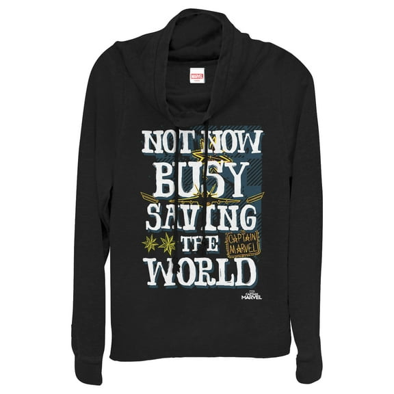 Junior's Marvel Captain Marvel Busy Saving World Cowl Neck Sweatshirt Black X Large