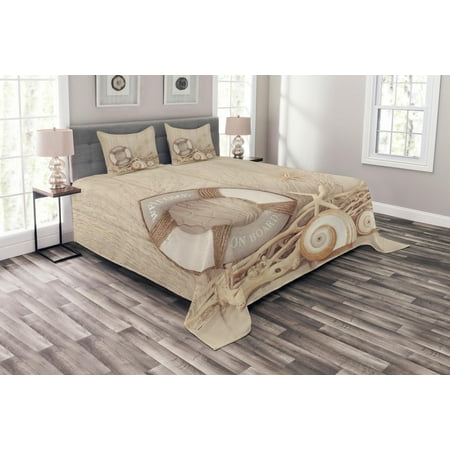 Coastal Life Bedding Coastal Bedspread Set, Welcome On Board Life Buoy Wooden Sepia Fishnet Holiday Maritime Theme Print, Decorative Quilted Coverlet Set with Pillow Shams Included, Tan Beige White, by Ambesonne ()