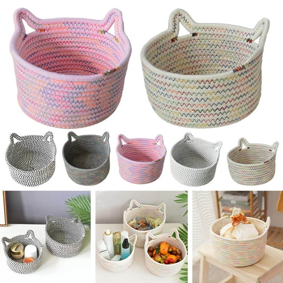 Jiaroswwei Rope Storage Basket Cat Ear Decor Cute Storage Bin Dog Cat Pet Toy Box Cosmetic Snacks Braided Storage Basket