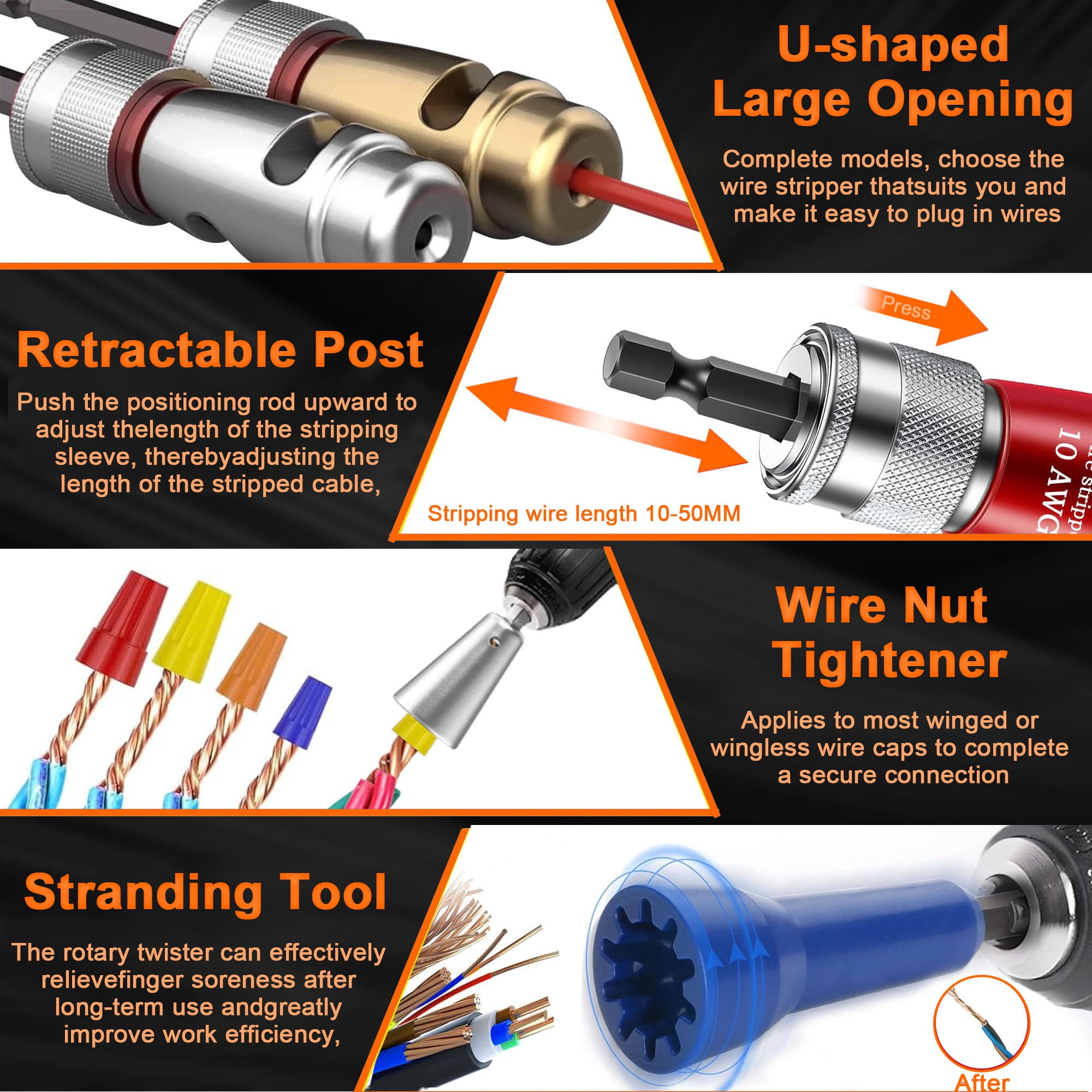 Beslands Electrician Wire Stripper Twister Tool for Drill - AWG 6-14 Gauge Stripping & Twisting Connector Set Professional Quick Wire Nut Twister Kit Electric Drill Tool Accessories