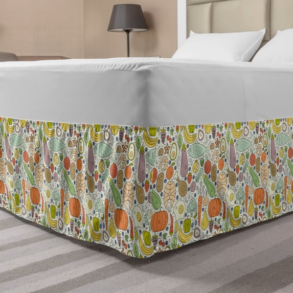 Vegetable Bed Skirt, Foods Fish Egg Avocado Cuisine Nutrition Pumpkin Cooking Illustration, Elastic Bedskirt Dust Ruffle Wrap Around for Bedding Decor, 4 Sizes, Coconut and Multicolor, by Ambesonne