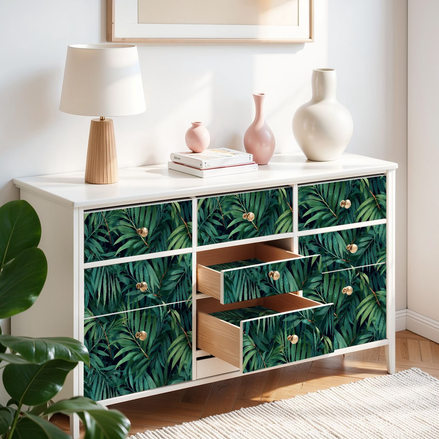 Peel and Stick Wallpaper palm frond Tropical leaves seamless Banana leaf Exotic design Hawaiian 24in x 118in Contact Paper Removable Self Adhesive Wall Mural Wall Decor for Bedroom Kitchen Cabinets