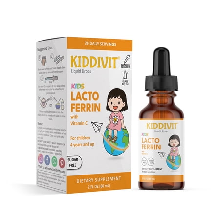 Kiddivit Lactoferrin for Kids with Vitamin C - 30 Daily Servings, 2 fl oz (60 ml) - Dropper Included, Glass Bottle - Sugar Free, Gluten Free, Vegetarian Friendly