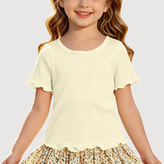 Gyujnb Casual Ribbed Knit Round Neck Short Sleeved Ruffle T Shirt Top (Girls),12-18 Months