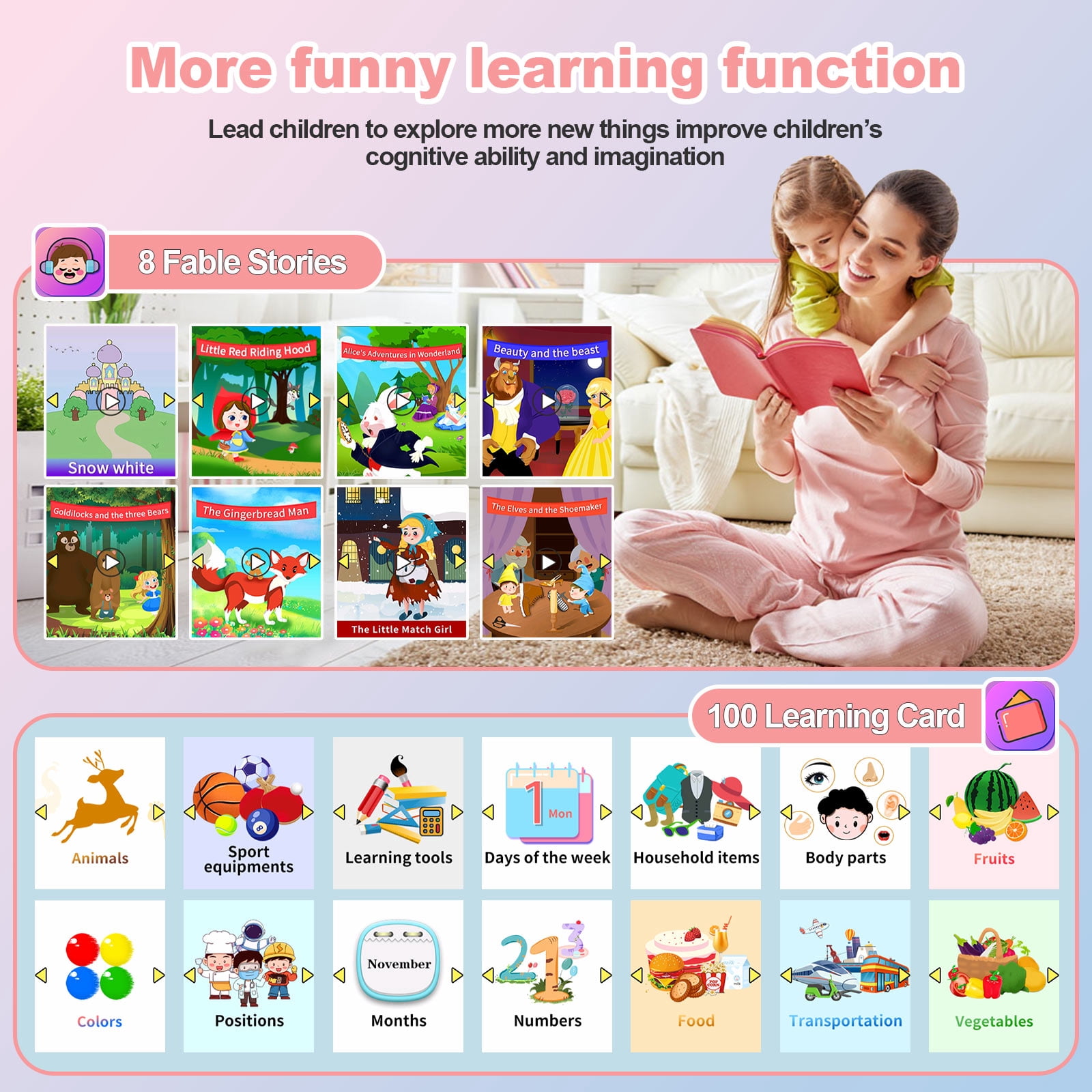 SHANNA Kids Smart Watch for Boys Girls Aged 4-12,  1.83'' HD Touch Screen with 30 Games and 140 Learning Cards, Music Player Camera Pedometer Story Telling, Pink