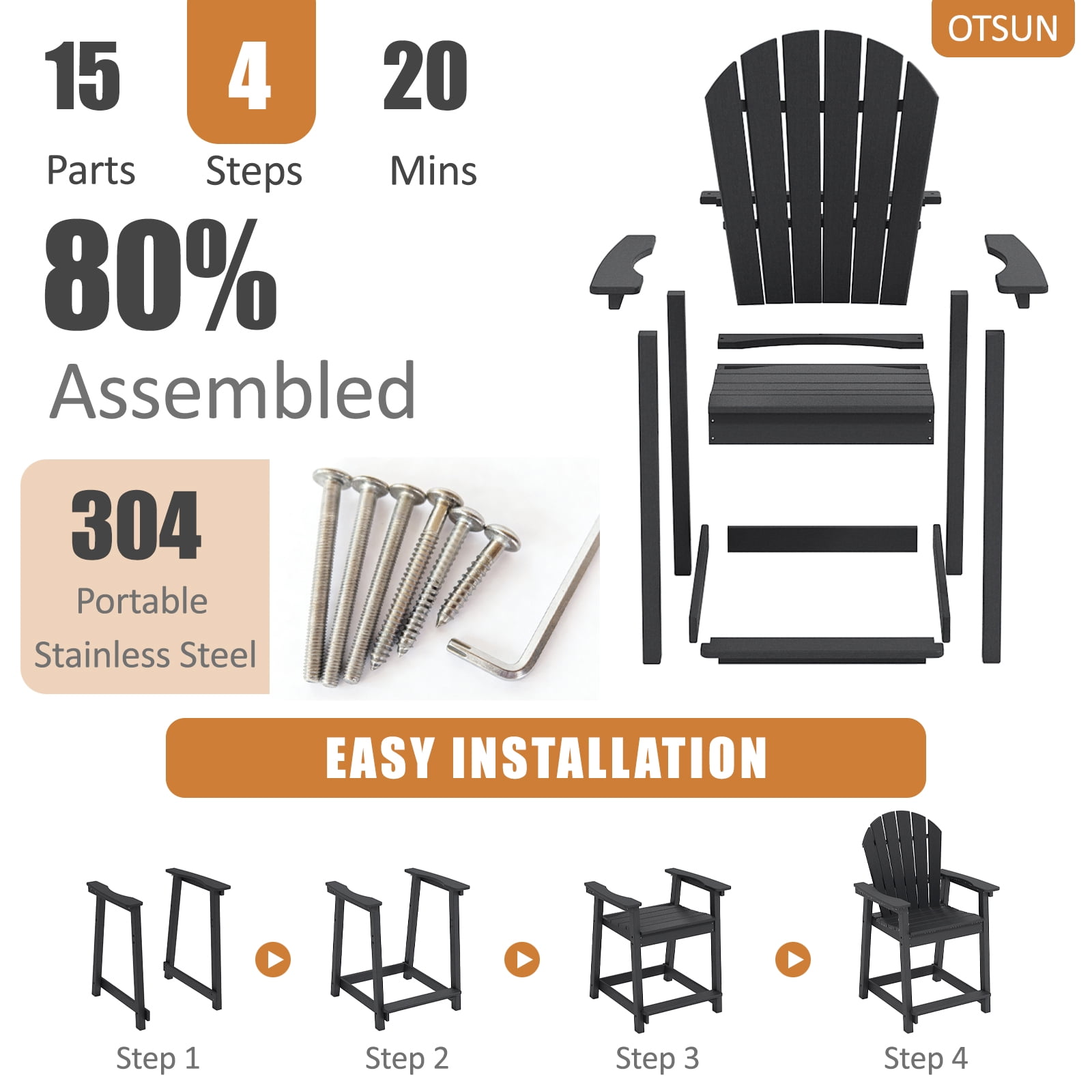 OTSUN Tall Modern Adirondack Chair, All Weather HDPE Bar Height Adirondack Stools Widened Durable Design for Porch Patio Yard Lawn Fire Pit Bistro Basement Indoors & Outdoors
