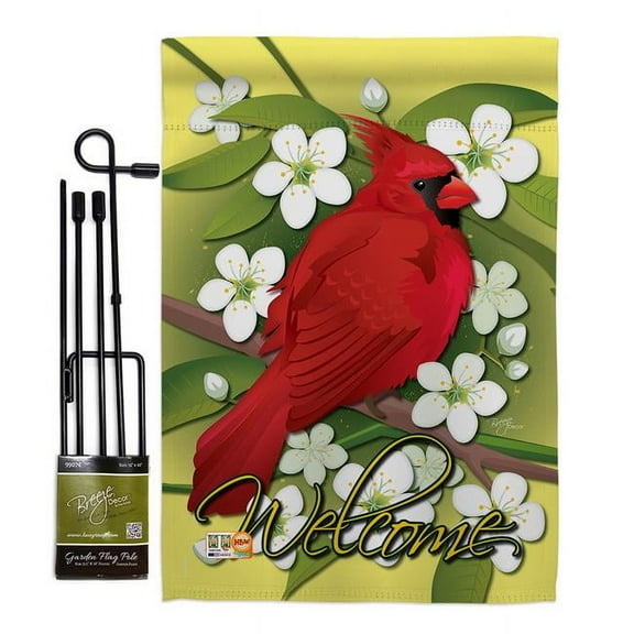 Breeze Decor BD-BI-GS-105032-IP-BO-D-US11-BD 13 x 18.5 in. Cardinal Garden Friends Birds Impressions Decorative Vertical Double Sided Flag Set with Banner Pole