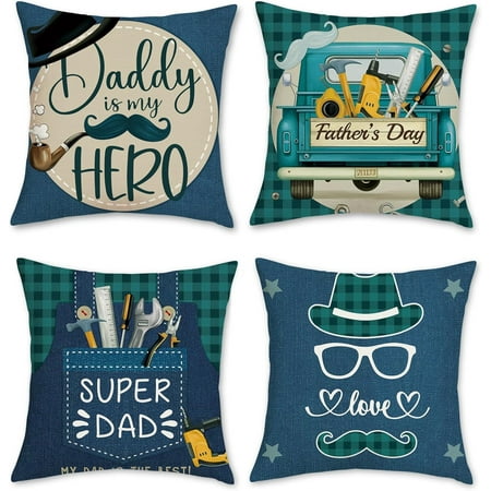 

Bonhause Father s Day Throw Pillow Covers 16x16 inch Moustache Vintage Car Daddy is My Hero Navy Blue Decorative Pillow Cases for Papa Grandpa Birthday Home Decor Set of 2