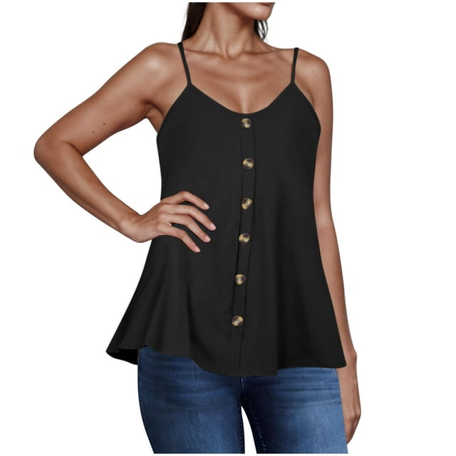 Yuyuzo Tank Tops for Women Spaghetti Strap Sleeveless Button Front Shirt Ruffle Hem Babydoll Blouses