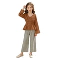 thumbnail image 6 of SGFCWSX Girls 2 Piece Outfits Bell Sleeve V Neck Peplum Tops Striped Wide Leg Pants Casual Clothes Set Brown Size 8, 6 of 8