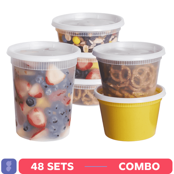 GUSTO Plastic Deli Containers with Lids 48 Set, 8oz 16oz 32oz Food Storage Containers, Leakproof, BPA Free, Microwave Freezer Dishwasher Safe for Soup, Meal Prep Containers