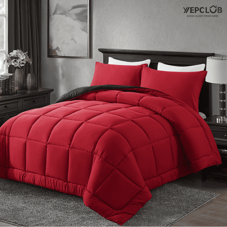 Down Alternative Full Comforter Set, 3-Piece, Black and Red photo 3