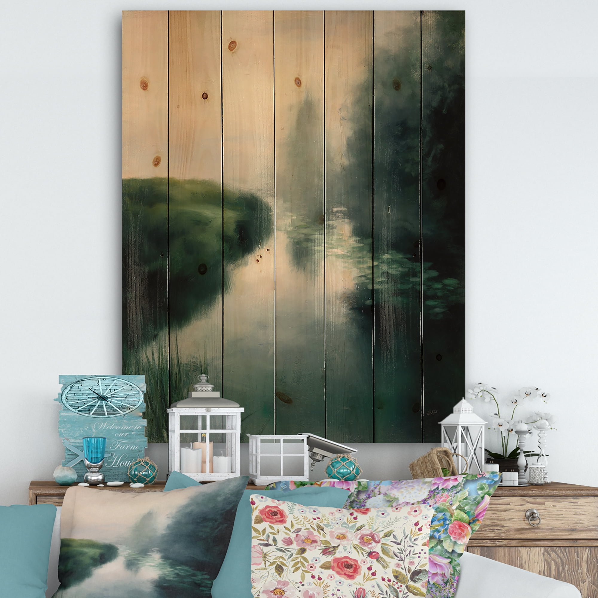 Designart 'Twilight Fog Lakeshore at Dawn' Landscape & Nature Print on Natural Pine Wood