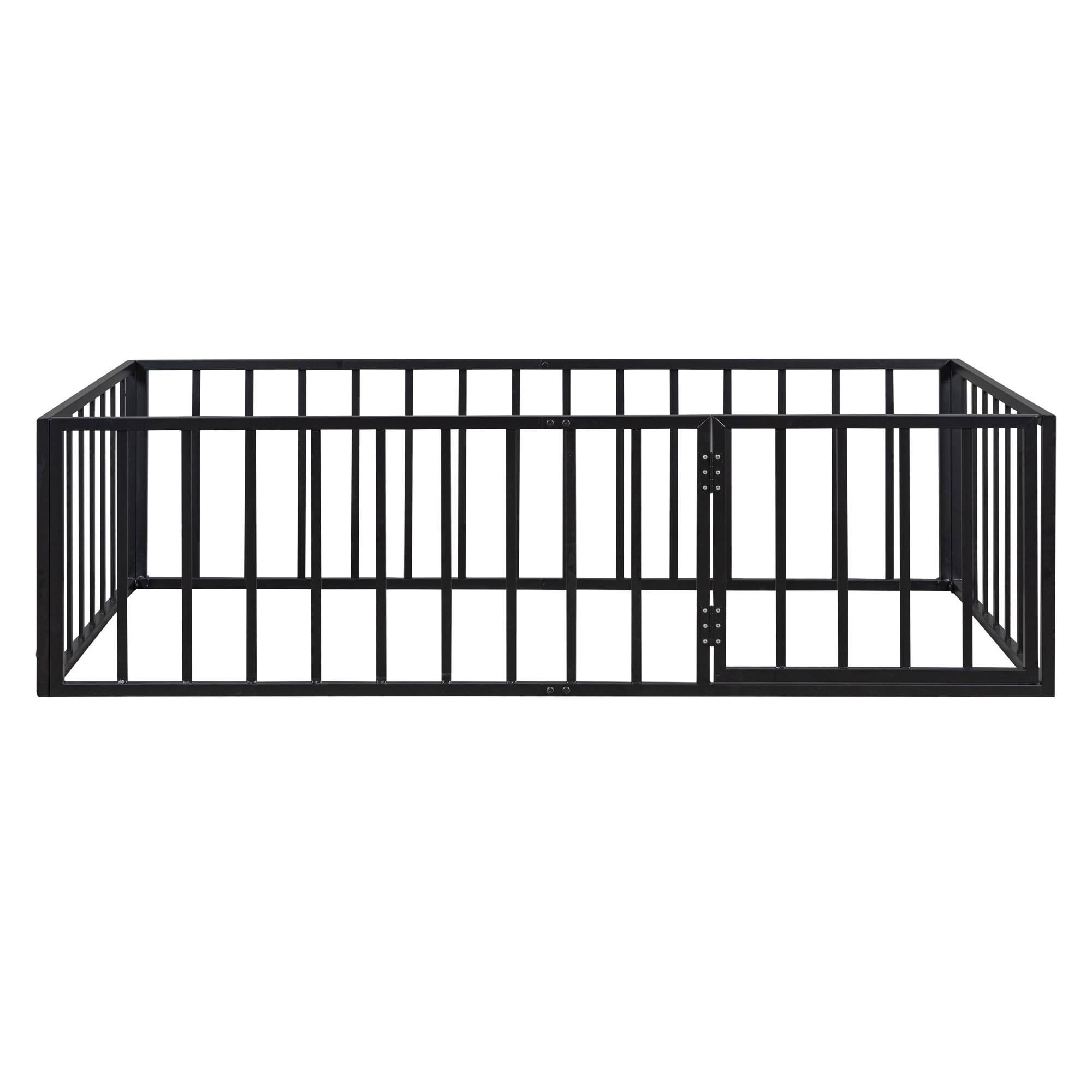 Aukfa Twin Size Metal Bed Frame with with Fence and Door, Floor Bed for Kids Toddler, Black
