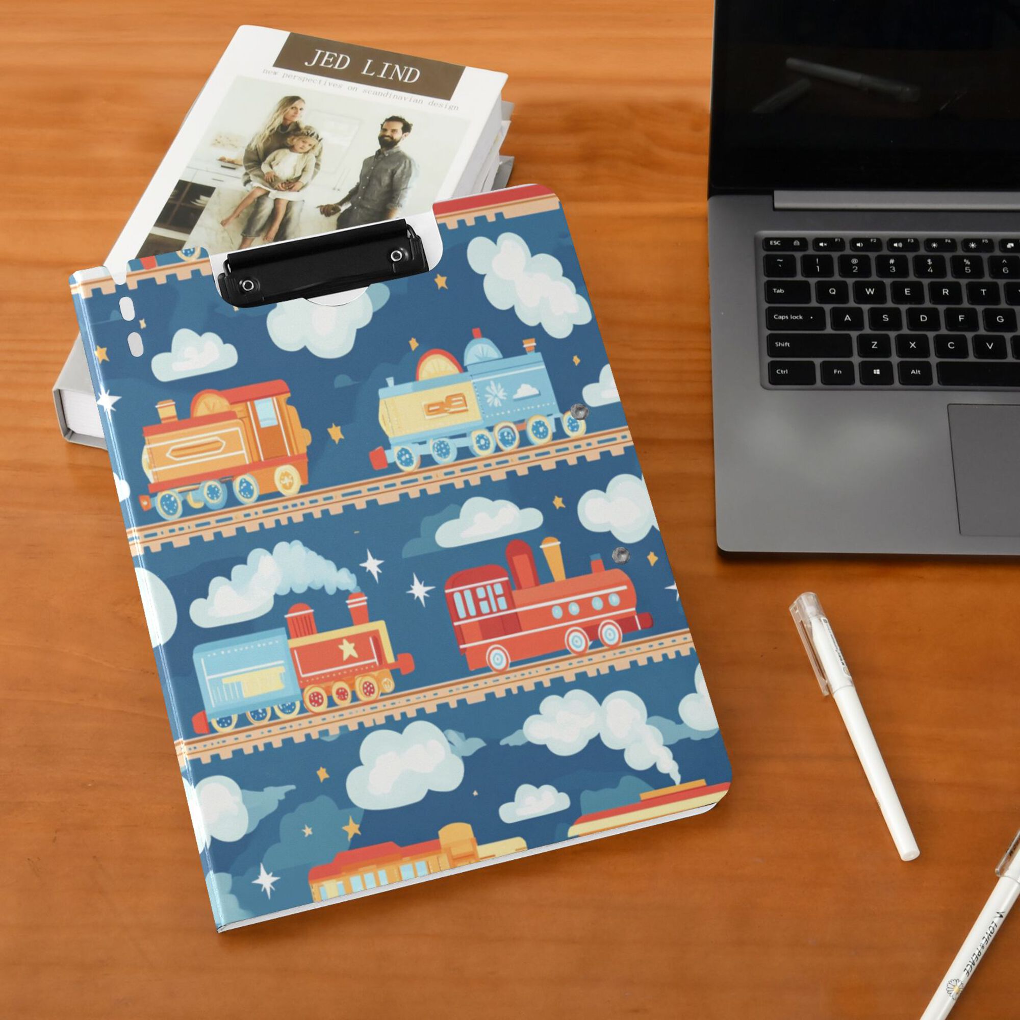 FORMRS A4 Clipboard Folder with Pen Holder Horizontal Foldable School Office Binder, Blue Cute Train Pattern