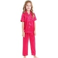 thumbnail image 4 of MIXUE Girls Outfit Sets Summer Silk Satin Solid Color V Neck Button Down Short Sleeve Shirts Tops Shorts Pants 3 Pieces Sleepwear Holiday Wear,Pink,12-13 Years, 4 of 4