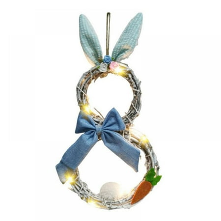 

Easter Rattan Wreath Decoration with Light Bunny Ear Creative Front Door Hanging Ornament Luminous Pendant for Home Decor Party 18.9 x 9.84in Blue